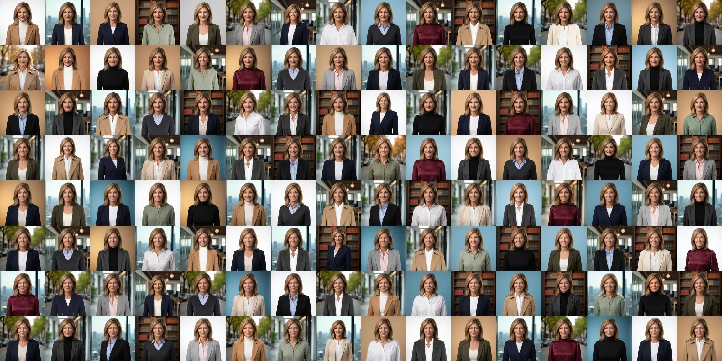 One person's set: 128 headshots from one selfie, sixteen outfits across eight backdrops